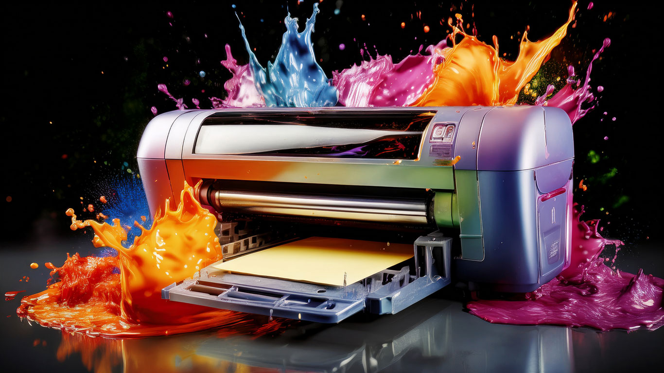 Colorful splash of paint surrounding commercial printer