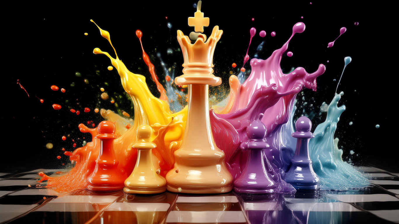 Chess pieces immersed in colorful splash of paint
